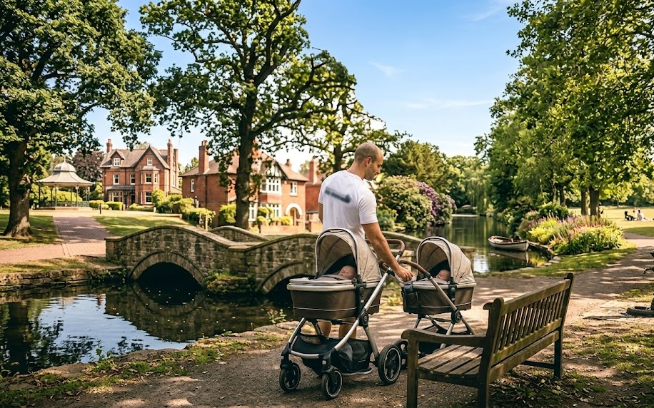 Man pushes a double pram by a river in a scenic park with trees and a historic building in the background