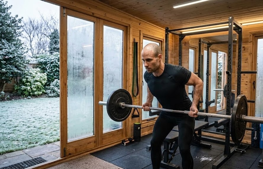 Man performing barbell rows in a home gym with wooden walls and snowy garden view