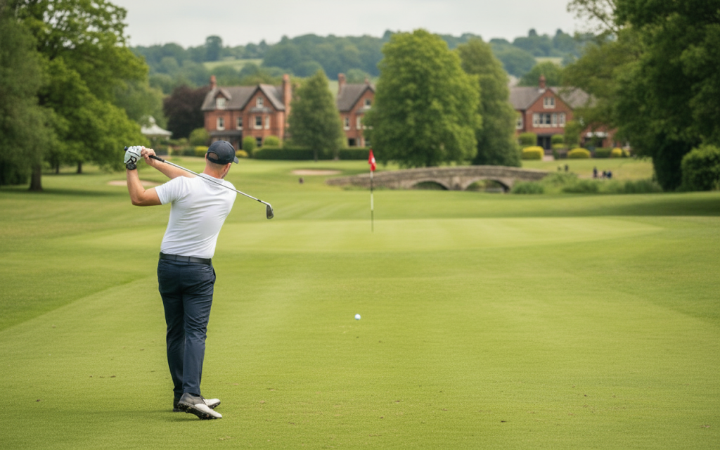 Golfer swinging on lush course with scenic view of trees, bridge, and houses
