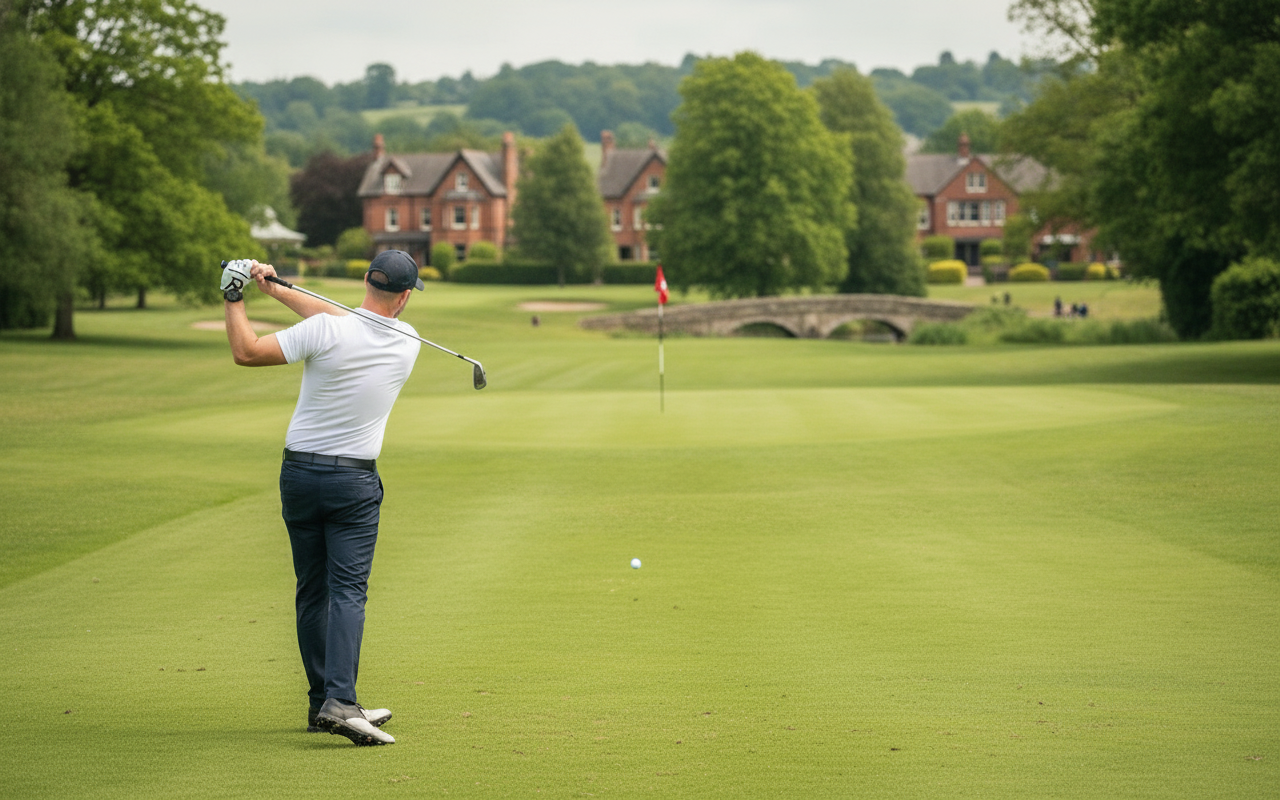 Golfer swinging on lush course with scenic view of trees, bridge, and houses