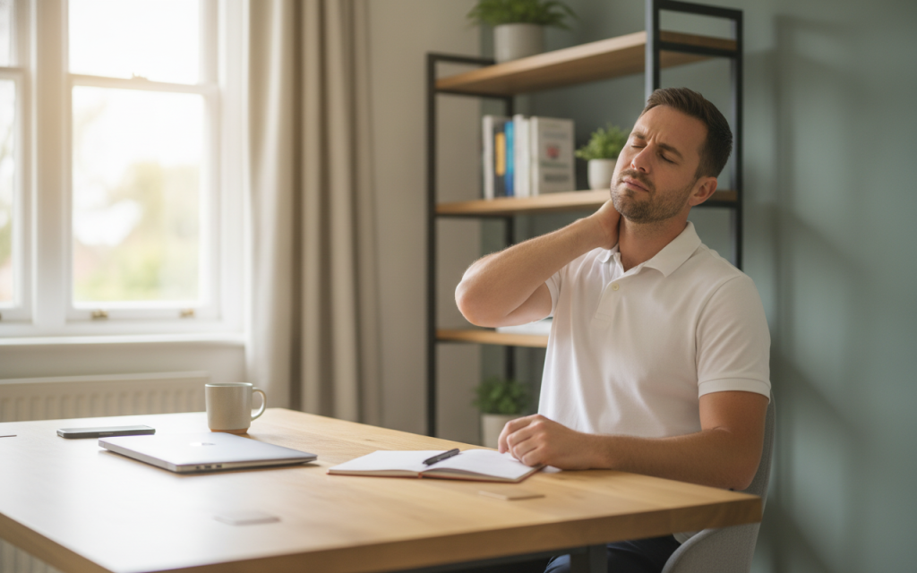 Man in white shirt sitting at desk holding neck in pain with laptop and notebook nearby